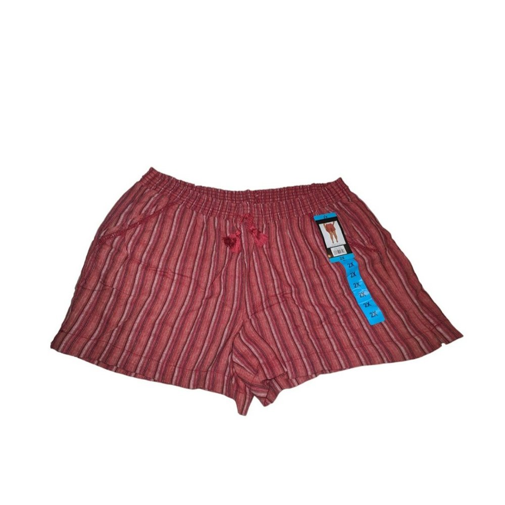 Briggs Women's Red Stripe 2X Plus Sz Linen Blend Pull-On Shorts with Pockets New